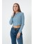 Kadın Mavi Önü Fermuarlı Örme Crop Bluz 1