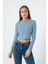 Kadın Mavi Önü Fermuarlı Örme Crop Bluz 2