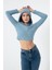 Kadın Mavi Önü Fermuarlı Örme Crop Bluz 3