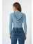 Kadın Mavi Önü Fermuarlı Örme Crop Bluz 5