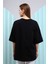 Fancy Kadın Bisiklet Yaka Gülücük Nakışlı Oversize Tişört 1