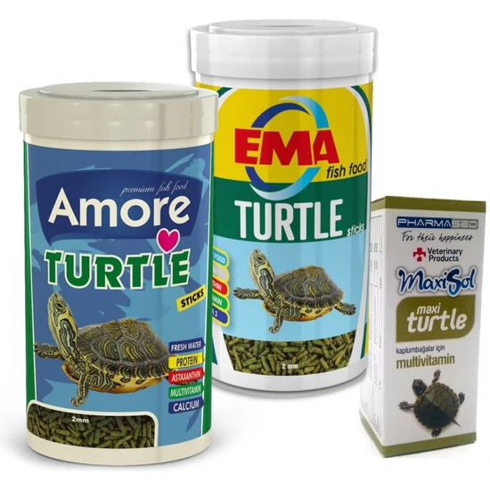 Amore Turtle Green Sticks Kaplumbağa Yemi ve Multivitamin Seti 2X250 ml + 30 cc Ema