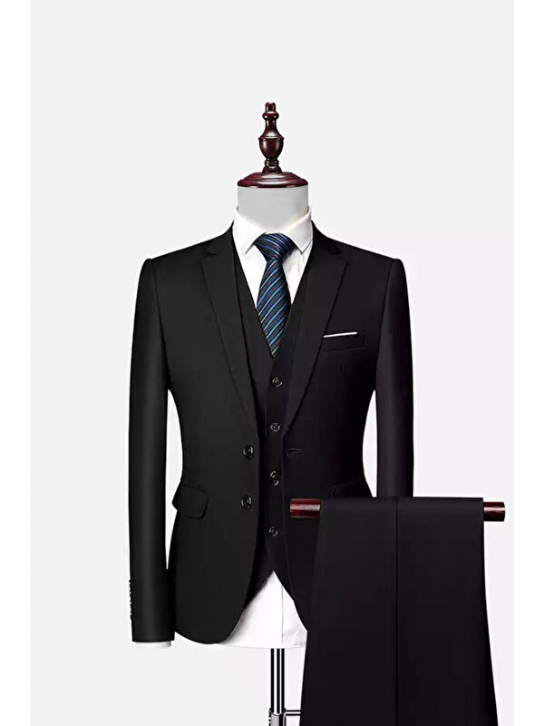 Valces Erkek Siyah Dar Kesim Yelekli Düz Renk Takım Elbise (Kravat ve Yaka Süsü Hediye)