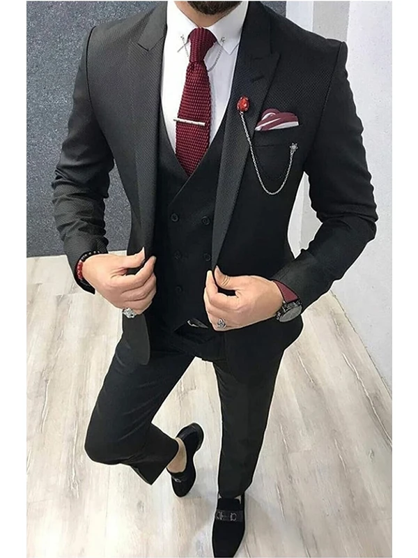 Valces Erkek Siyah Dar Kesim Yelekli Düz Renk Takım Elbise (Kravat ve Yaka Süsü Hediye)