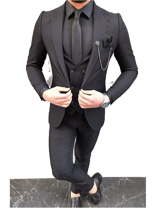 Valces Erkek Gri Dar Kesim Yelekli Düz Renk Takım Elbise (Kravat ve Yaka Süsü Hediye)
