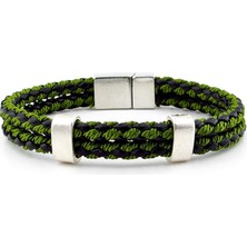 Solfera Metal Klips Çifti Sıralı Yeşil Örgü Deri Erkek Bileklik M039B