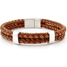 Solfera Metal Manyetik Klips Iki Sıra Taba Örgü Deri Erkek Bileklik M039E