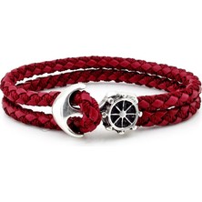 Solfera Çapa Dümen Denizci Gemici Bordo Örgü Deri Erkek Bileklik M034D