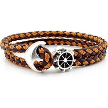 Solfera Çapa Dümen Denizci Kahve Taba Örgü Deri Erkek Bileklik M034F