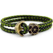 Solfera Bronz Çapa Dümen Denizci Yeşil Örgü Deri Erkek Bileklik M034B