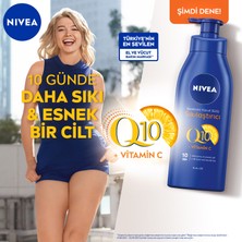 NIVEA Sıkılaştırıcı Vücut Sütü Q10 + C Vitamini (400ml), 48 Saat Vücut Nemlendirme, 10 Günde Sıkılaşma, Kuru Ciltler için, Vücut Bakım