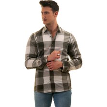 Exve Exclusive Haki Beyaz Ekose Kareli Karton Kutulu Slim Fit Uzun Kol Erkek Gömlek