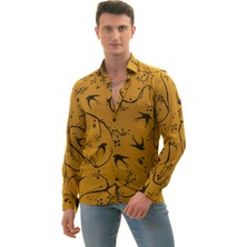 Exve Exclusive Hardal Sarı Üzeri Siyah Baskılı Tasarım Karton Kutulu Slim Fit Uzun Kol Erkek Gömlek