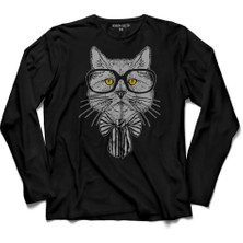 Kendim Seçtim Hipster Cat Hipstir Kedi Wıth Glasses Gözlük 2  Uzun Kollu Tişört Baskılı Çocuk T-Shirt