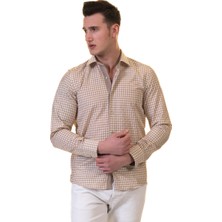 Exve Exclusive Hardal Sarısı Pötikareli Karton Kutulu Slim Fit Uzun Kol Erkek Gömlek