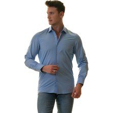 Exve Exclusive Düz Gök Mavisi Sade Karton Kutulu Slim Fit Uzun Kol Erkek Gömlek