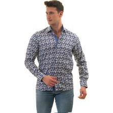 Exve Exclusive Mavi Beyaz Yaprak Baskılı Karton Kutulu Slim Fit Uzun Kol Erkek Gömlek