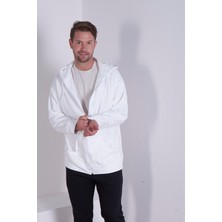 Myben Ekru Erkek Cepli Basic Oversize Fit Fermuarlı Kapüşonlu Kalın Sweatshirt-Hırka ERK45