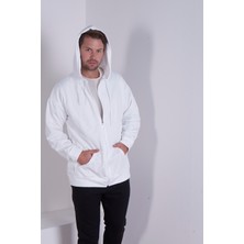 Myben Ekru Erkek Cepli Basic Oversize Fit Fermuarlı Kapüşonlu Kalın Sweatshirt-Hırka ERK45