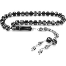 Tesbihane 925 Ayar Gümüş Püsküllü Gümüş 10′lu Karpuz Yarma Küre Kesim Erzurum Oltu Taşı Tesbih