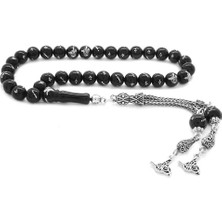 Tesbihane 925 Ayar Gümüş Tuğra Püsküllü Gümüş Tuğra Işlemeli Rus Oltu Tesbih