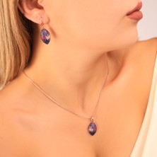 Ravza Gümüş 925 Ayar Gümüş Mix Taşlı Oval Kolye Küpe Set