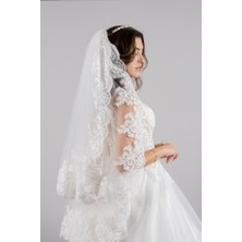 Paris in Paris Iki Katlı Gelin Duvağı Fransız Dantelli Gelin ve Nikah Duvağı Alt Katı 100 cm Üst Katı 75 cm