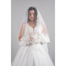 Paris in Paris Iki Katlı Gelin Duvağı Fransız Dantelli Gelin ve Nikah Duvağı Alt Katı 100 cm Üst Katı 75 cm