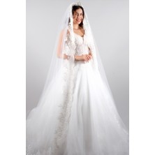 Paris in Paris Gelin Duvağı Uzun Fransız Dantelli Kırıkbeyaz Gelin ve Nikah Duvağı Boyu 220 cm Eni 300 cm