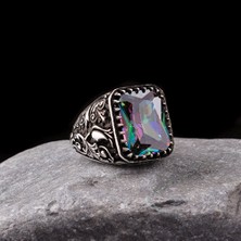 Tesbih Sepetim 925 Ayar Gümüş Gül Motifli Mistik Topaz Taşlı Yüzük