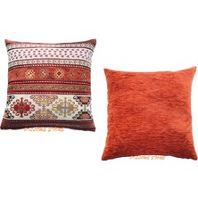 Pillows Store Kilim Desenli Kiremit-Beyaz Kırlent Kılıfı Seti - 2 Adet 45 Cm* 45 cm
