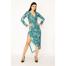 Şans Kadın Yeşil Leopar Desenli Yırtmaçlı Elbise