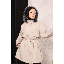 Vibeys Collection Açık Bej Içi Kürklü ve Su Geçirmez Büyük Beden Battal Kadın Kışlık Mont & Kaban