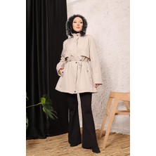 Vibeys Collection Açık Bej Içi Kürklü ve Su Geçirmez Büyük Beden Battal Kadın Kışlık Mont & Kaban