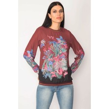 Şans Tekstil Kadın Bordo Kolağzı Etek Ucu ve Yaka Ribanalı Bisiklet Yakalı Bluz