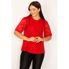Şans Kadın Kırmızı Dantel Detaylı Bluz 65N34187