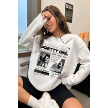 Modagen Beyaz Pretty Girl Baskılı Bisiklet Yaka Oversize Sweatshirt