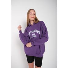 Modagen Kadın Mor San Francisco Baskılı Kapüşonlu Oversize Sweatshirt