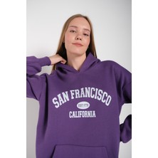 Modagen Kadın Mor San Francisco Baskılı Kapüşonlu Oversize Sweatshirt