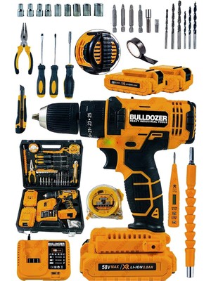 Bulldozer Maximum Akülü Şarjlı Vidalama Matkap 58V Şarjlı Darbeli 36 Setli Akülü Matkap