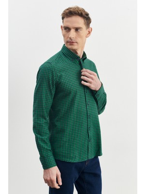 Altınyıldız Classics Erkek Yeşil-lacivert Slim Fit Dar Kesim Düğmeli Yaka Pötikareli Flanel Oduncu Gömlek