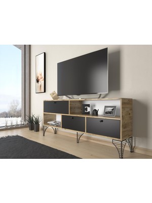 Wood'n Love Katre 150 cm Metal Ayaklı Tv Ünitesi - Atlantik Çam - Siyah / Siyah