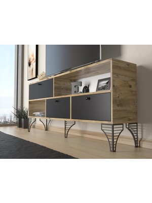 Wood'n Love Katre 150 cm Metal Ayaklı Tv Ünitesi - Atlantik Çam - Siyah / Siyah