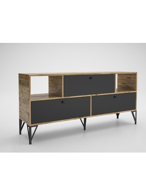 Wood'n Love Mia 160 cm Metal Ayaklı Tv Ünitesi - Konsol - Atlantik Çam - Siyah / Siyah