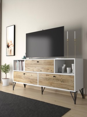 Wood'n Love Mia 160 cm Metal Ayaklı Tv Ünitesi - Konsol - Beyaz - Atlantik Çam / Siyah