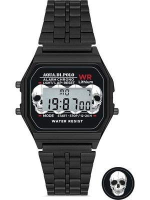 Aqua Di Polo 1987 Unisex Siyah Metal Kordonlu Kurukafa Desenli Dijital Retro Saat APWA064600