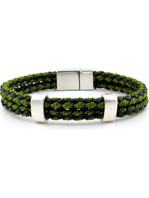 Solfera Metal Klips Çifti Sıralı Yeşil Örgü Deri Erkek Bileklik M039B