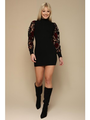 Select Moda Kadın Balıkçı Yaka Organze Kollu Fitilli Elbise