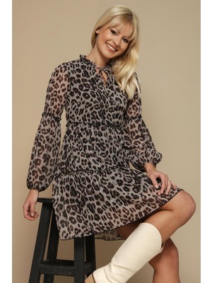 Select Moda Kadın Leopar Desenli Balon Kollu Şifon Elbise