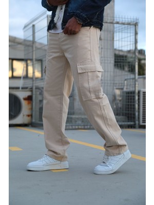 HYMAN CLASSIC Baggy Fit Erkek Kargo Cep  Kot Pantolon Krem